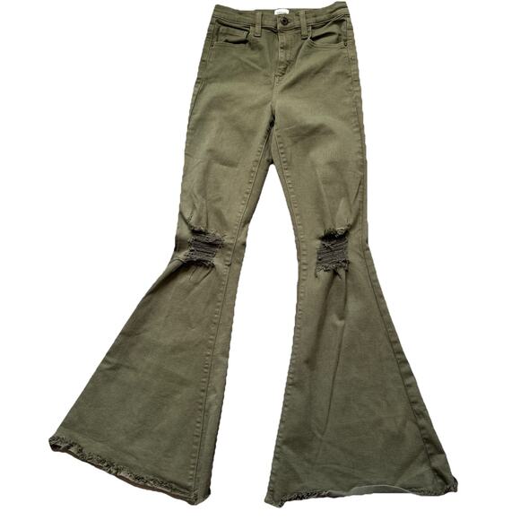 Sneak Peek Jeans Sz 1/25 Green High Rise Bell Bottom Distressed Raw Hem - Picture 1 of 9